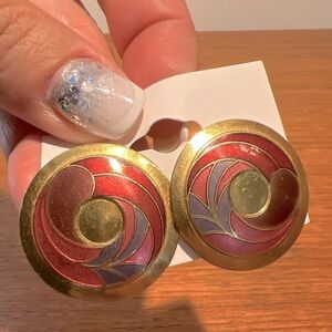 Vintage 1980s Designer Samuel Huang Abstract Design Earrings Enameled Brass